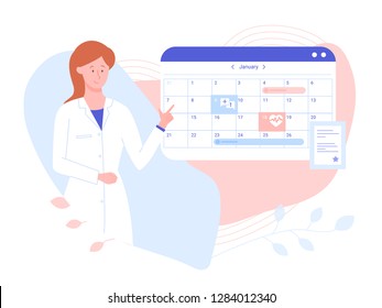 Friendly Female Doctor Near The Work Schedule. Hospital Calendar, Make An Appointment Online. Vector Illustration On Pastel Gentle Background.