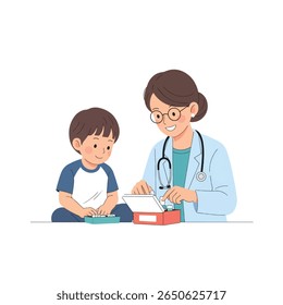 Uma médica amigável mostra a um menino como usar sua medicação.  Eles estão sentados juntos, e o médico está guiando-o com um comprimido.