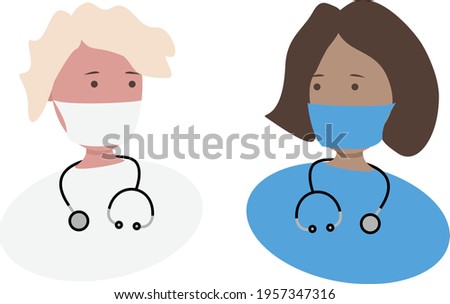 Friendly female doctors with masks. Vector character illustration