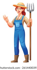 Friendly female farmer holding a pitchfork and waving hand in blue overalls. Vector cartoon illustration