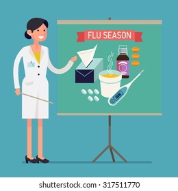 Friendly female medical worker giving presentation on flu and cold season | Vector flat design on flu season preparation notice with pharmacist character talking about essential treatment items