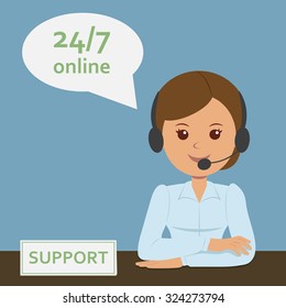 Friendly female operator with a microphone in a call center support.
