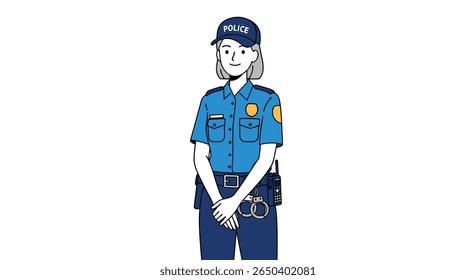 Friendly female police officer standing guard with hands clasped and duty belt