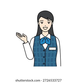 Friendly female receptionist in uniform gesturing to the side