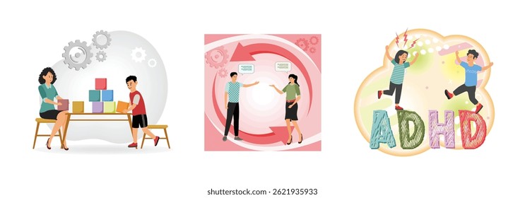 Friendly female school psychologist talks about emotions during meeting with students. Two individuals engaged in communication with speech bubbles. ADHD through children interacting.
