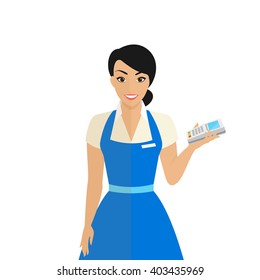 Friendly female shop assistant holding payment terminal in her hand to provide payment by credit card pincode. Flat modern illustration of smiling woman wearing uniform isolated on white background