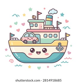 A friendly ferry boat with a smiling face and a tiny pink car on deck. Floating on ocean waves with stars and hearts. Perfect for logistics or travel graphics.