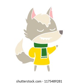 friendly flat color style cartoon wolf wearing scarf