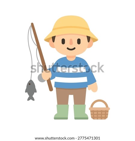 A friendly flat design character of a fisherman wearing a yellow hat and striped blue shirt, holding a fishing rod with a caught fish and a basket.