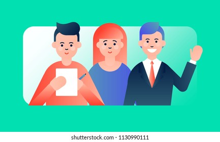 Friendly flat team of professional financial advisors. Colorful vector illustration on light green gradient background for web and printing.