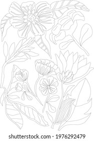 friendly Flower composition. Floral Line art illustration made in a digital medium