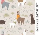 Friendly fluffy alpacas in natural environment. Seamless vector pattern  