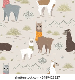 Friendly fluffy alpacas in natural environment. Seamless vector pattern  