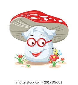Una agradable mosca agaric con gafas rojas con una sonrisa linda. Ilustración vectorial en estilo de caricatura sobre fondo blanco.