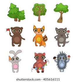 Friendly Forest Animals  Flat Vector Icons Collection In Cute Girly Style Isolated On White Background