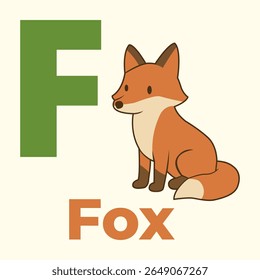 Friendly fox beside a large letter F, perfect for educational flashcards, kids alphabet learning, posters, and nursery decor. Flat cartoon style, classroom-friendly color scheme.