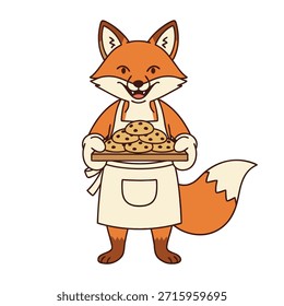 A friendly fox character, depicted in a simple cartoon style, presents a wooden tray filled with delicious-looking chocolate chip cookies.