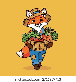 Ein freundlicher Fuchs, der als Bauer verkleidet ist und Overalls und einen Strohhut trägt, hält stolz einen Korb, der von bunten, gesunden Produkten überflutet wird.