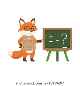 A friendly fox dressed as a teacher stands next to a blackboard, indicating a math problem.