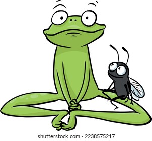 Rana amigable y mosca pequeña sentados pacíficamente juntos en amistad, respeto y armonía