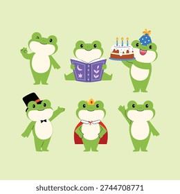 Friendly frog waving hand, Cartoon frog enjoy to read story book, Cute frog wearing party hat celebrating birthday party with cake, Adorable toad wearing top hat and bow tie presenting hand, King frog with crown and royal red cape, Smile green toad making two finger gesture illustration
