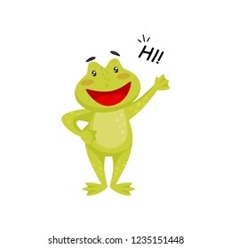 Friendly frog waving paw and saying Hi . Cheerful green toad. Flat vector element for children book