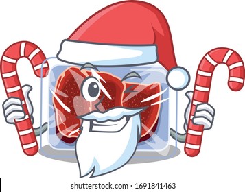 Friendly frozen beef in Santa Cartoon character holds Christmas candies