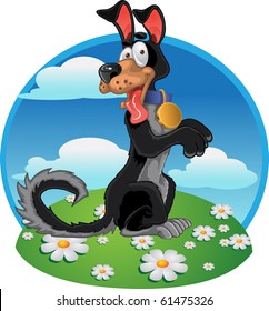 Friendly fun black dog on bright color background