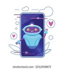 Simpático robot o bot divertido de clientes y soporte técnico en línea en la interfaz de pantalla de smartphone, ilustración vectorial de dibujos animados planos aislados en el fondo.