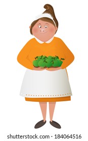 Friendly funny and cute woman fruit seller isolated. Character design vector cartoon illustration. 