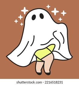 A Friendly Funny Girl In A Ghost Costume. Halloween Day Festival Concept Card Character illustration