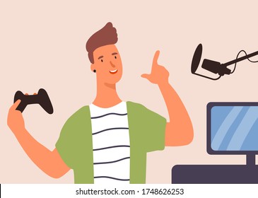 Friendly gamer guy hold joystick talk at microphone vector flat illustration. Hipster male streamer during online game review at computer desk isolated on white. Live streaming of popular vlogger