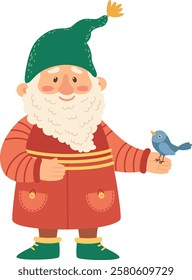 Friendly garden gnome with a long white beard, wearing a green pointy hat and an orange coat, joyfully holding a small blue bird singing in his hand, radiating charm and whimsy