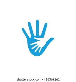 Friendly gesture of the hand in the hand. Abstract shape, minimalistic flat stylized, blue color logotype template.  