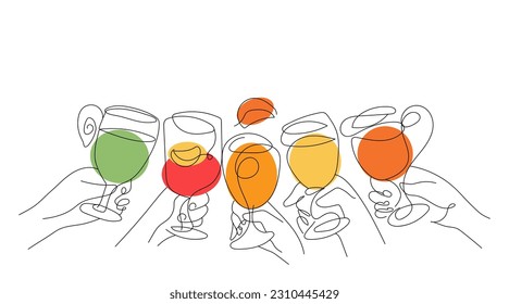 Friendly get-togethers. Friends hands holding drinks. Celebration, greeting or drinking toasts for friendship. Cheers. Line art graphic flat vector illustration isolated on white background