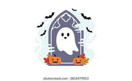 Friendly ghost appearing inside an ornate gothic archway tombstone surrounded by bats, swirling blue mist, autumn leaves, and cute pumpkins.