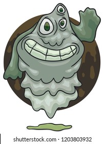Friendly ghost covered with slime goo, with deformed face, smiling and saluting at you.