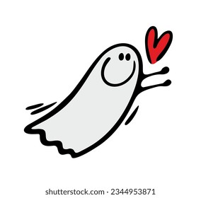 Friendly ghost  flies towards love. Vector illustration of a child in a Halloween monster costume and hearts. Isolated character on white background.