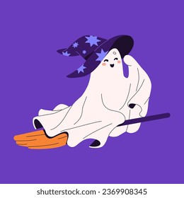 Friendly ghost fly on broomstick. Cute spook flying on broom. Happy phantom in witch pointed hat. Baby spirit in wizard costume. Halloween party decoration, print. Flat isolated vector illustration