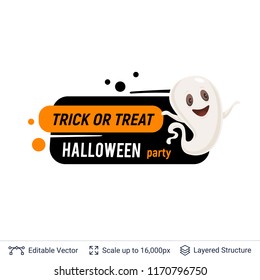 Friendly ghost and Halloween text. Bright cartoon label with editable copy space for holiday sales and parties.