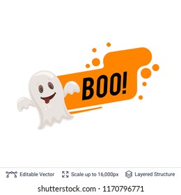 Friendly ghost and Halloween text. Bright cartoon label with editable copy space for holiday sales and parties.