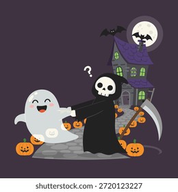 A friendly ghost happily holds hands with a confused grim reaper in front of a spooky haunted house under a full moon, surrounded by jack-o'-lanterns.