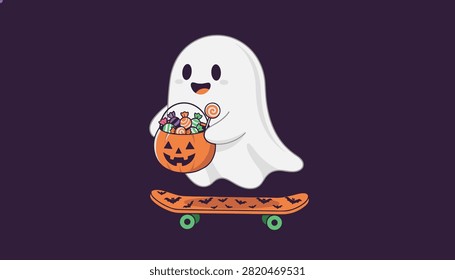Friendly ghost holding candy bowl while riding skateboard filled with sweets.
