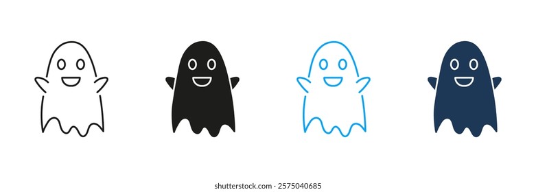 Friendly Ghost Line and Silhouette Icon Set. Playful Smiling Spirit Symbol. Editable Stroke. Isolated Vector Illustration.