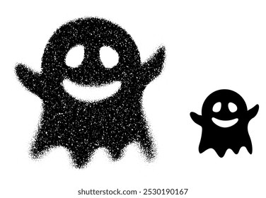 A friendly ghost made with scattered black dots, featuring a smiling face and raised arms. Vector illustration.