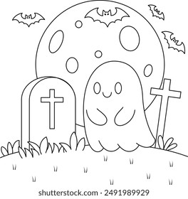 Friendly Ghost Next to a Tombstone Colouring. Halloween Outline Coloring Page