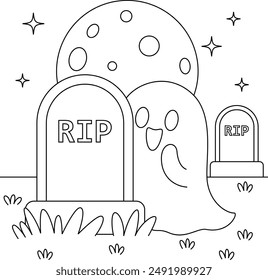 Friendly Ghost Peeking Out From Behind a Tombstone Colouring. Halloween Outline Coloring Page