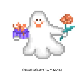 Friendly ghost presenting gift box and red rose flower, pixel art cartoon character isolated on white background. Birthday card with cheerful spirit. Halloween phantom mascot.Retro video game graphics