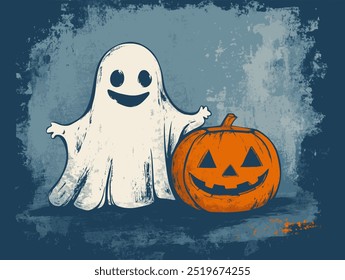 a friendly ghost with a pumpkin, halloween mood.