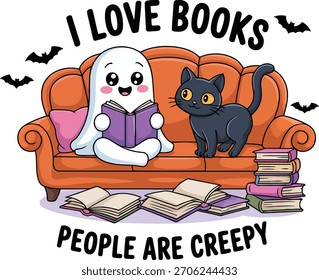 El fantasma amistoso lee el libro con el gato negro en el sofá, murciélagos, libros